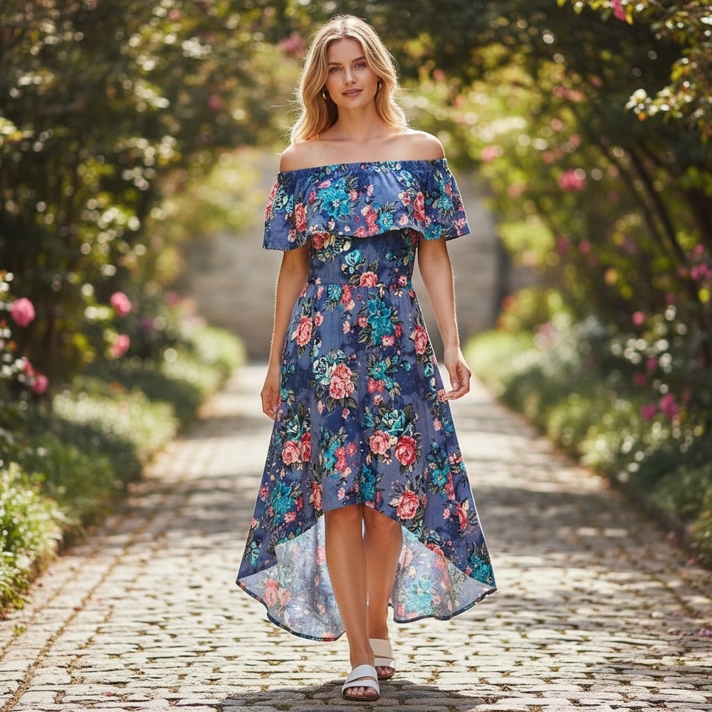 Hot Kiss Women Blue Floral Off Shoulder High Low Ruffle Dress ORM3235 Size L